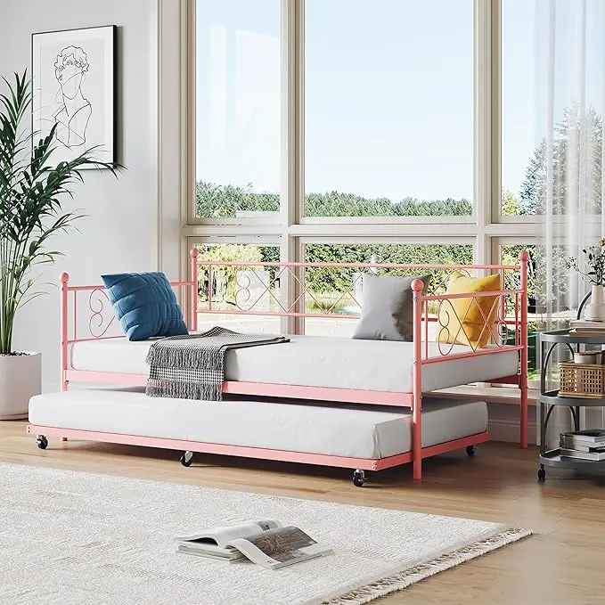 Twin Size Daybed Frame Heavy Duty Metal Slats Mattress Foundation Platform Sofa Bed with Headboard for Bedroom