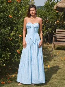 Backless Ruched Bow Decoration Tube Cake Dress, For Terrace Dinner, Garden Party, Vacation-style Lightweight Dress.