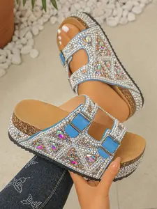 2026 Summer Women's New Rhinestone Two-Band Sandals, Ethnic Style Beach Shoes, Y2K Rainbow Sequins Thick Sole, Bohemian Rhinestone Flip Flops