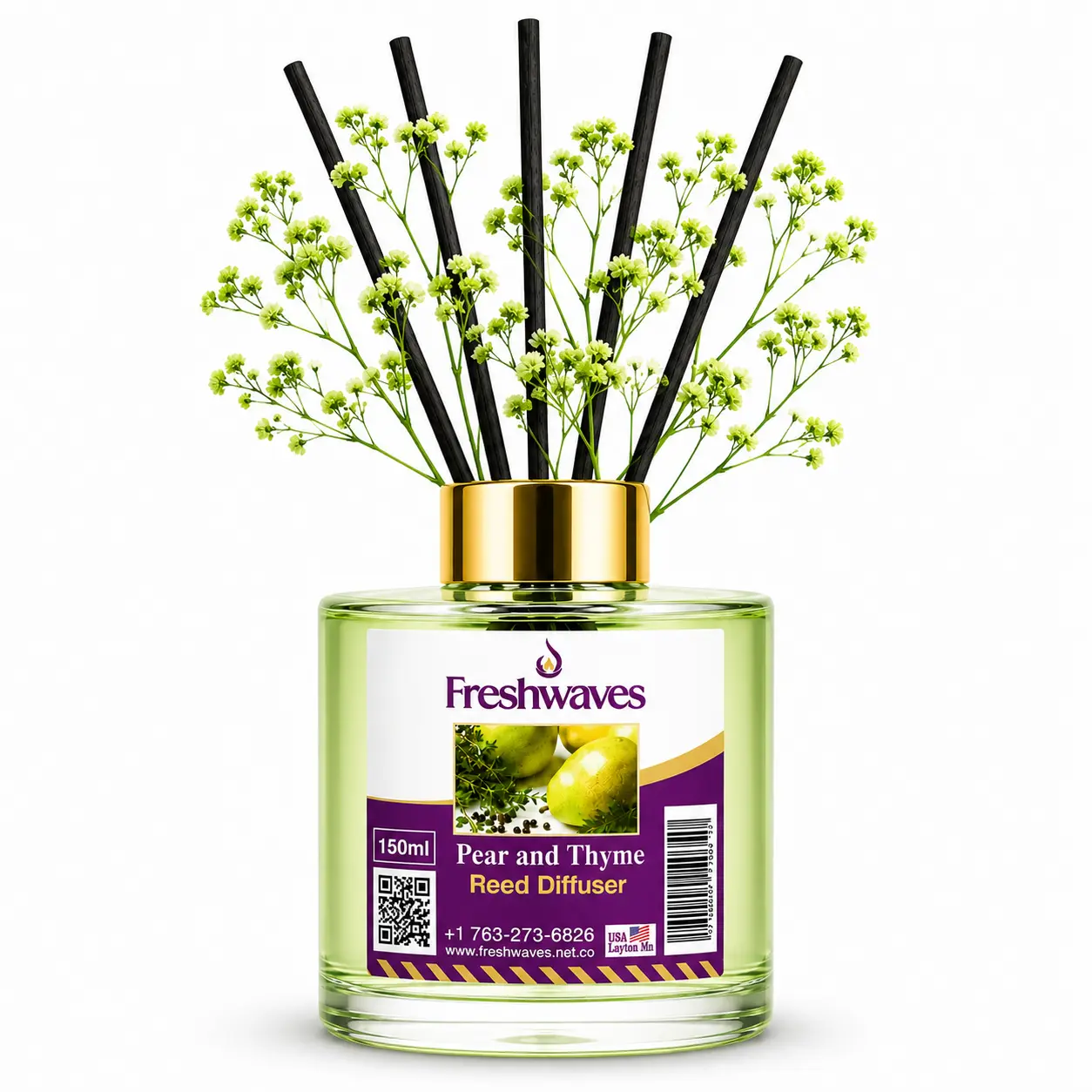Freshwaves Pear and Thyme Reed Diffuser 150ml - Botanical Elegance with Delicate White Tea for Living Spaces Offices or Bedrooms