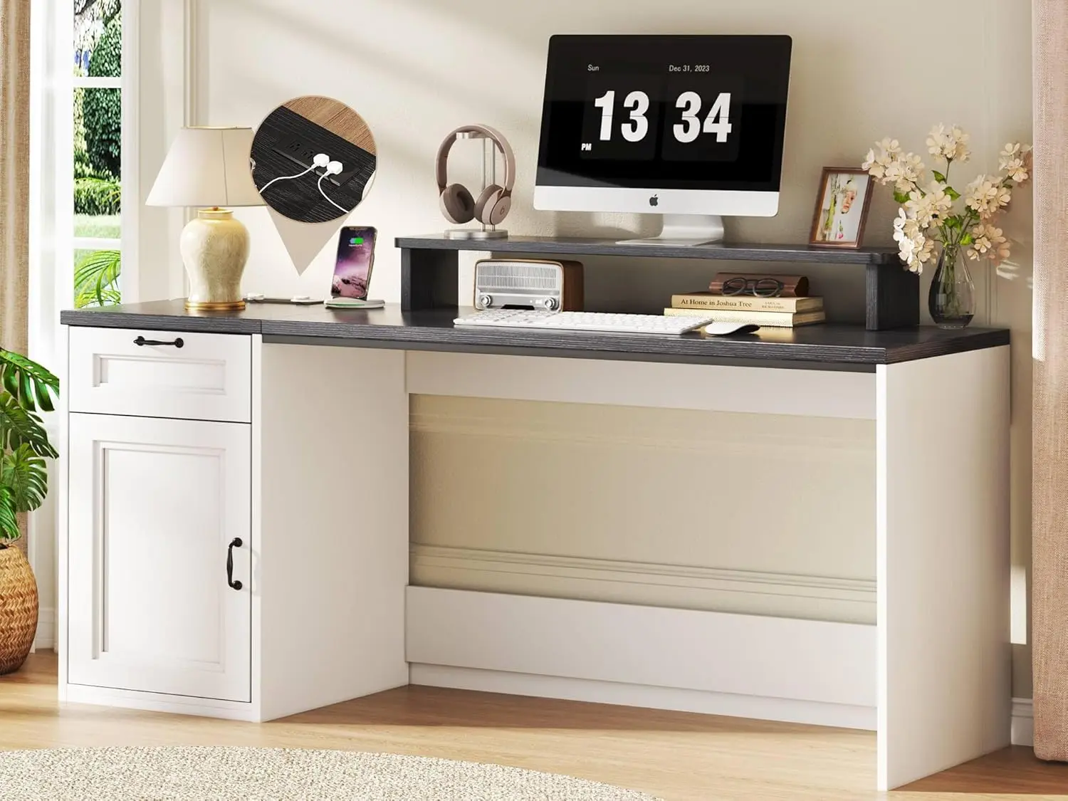 63" Farmhouse Executive Desk with Drawers, Modern Computer Desk with Power Outlets, Office Writing Desk with Monitor Stand & Storage Cabinet, Printer Shelf, Antique White