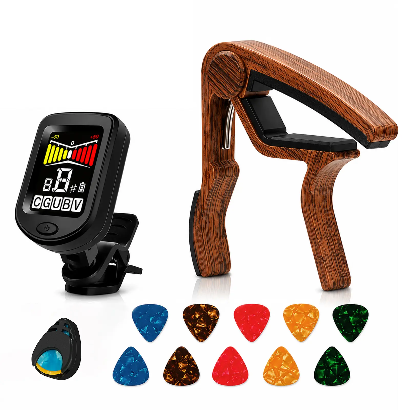 Guitar capo and tuner set, including 10 celluloid picks - digital clip-on tuner for acoustic and electric guitars, wood grain metal capo, perfect gift for beginners and guitarists