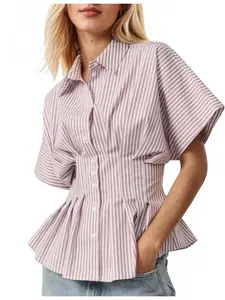 Women's Striped Shirt, Peplum Top, Fluffy Sleeves, Ruffled Babydoll, Fitted Slimming, Multiple Colors, Office & Casual Wear, Elegant