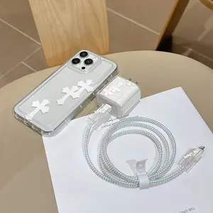6 Piece Set Transparent Cross Pattern Phone Case, Charger Head Cover, Cable Protector, Storage Rope, Data Line Wrap, Tpu Shockproof Shell