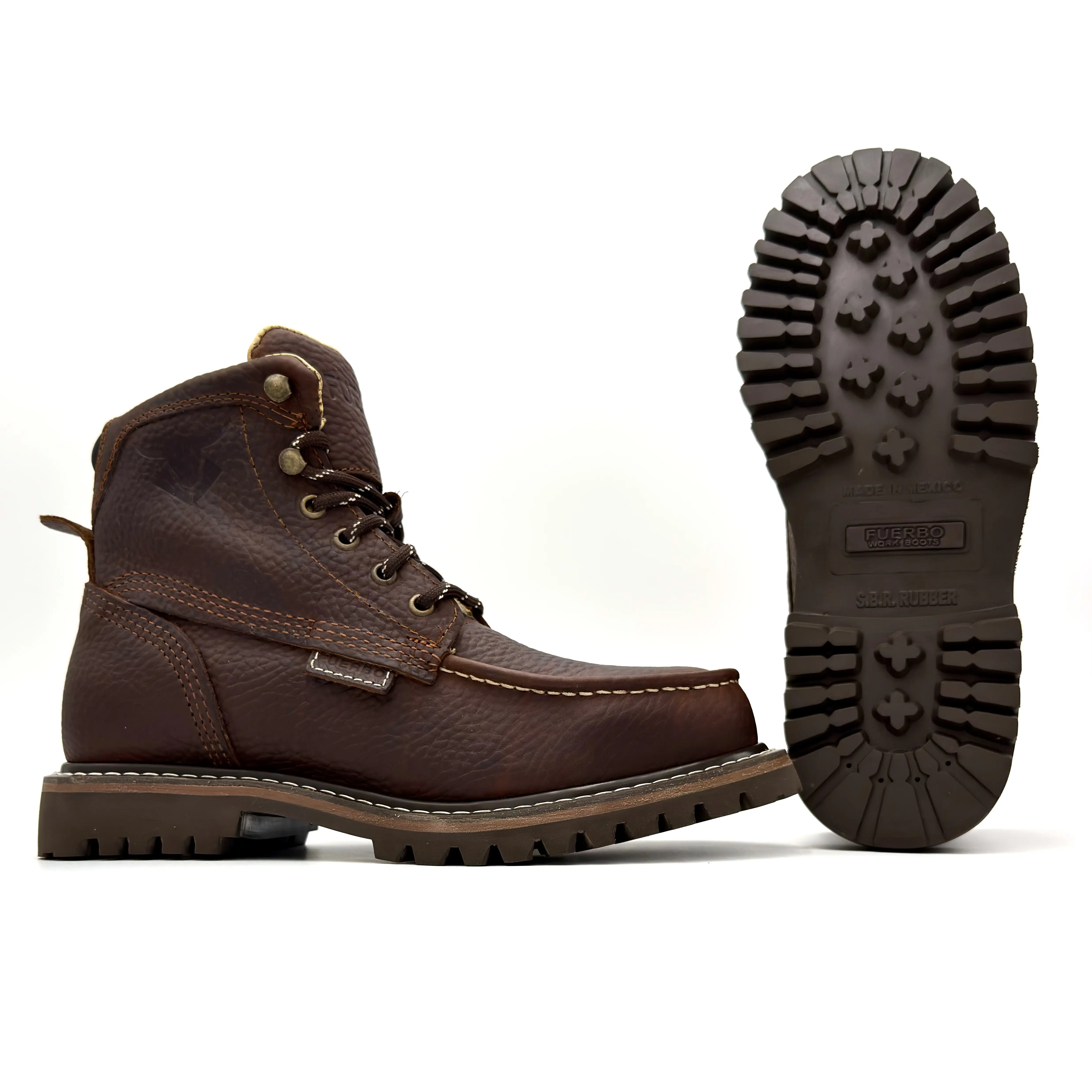 Fuerbo B-49 Ocre Moc Toe Work Boot Traction Rubber Goodyear Welt Sole Oil and Slip Resistant Anti-Fatigue Ankle High Round Toe Footwear Leather Industrial Comfort Shoe