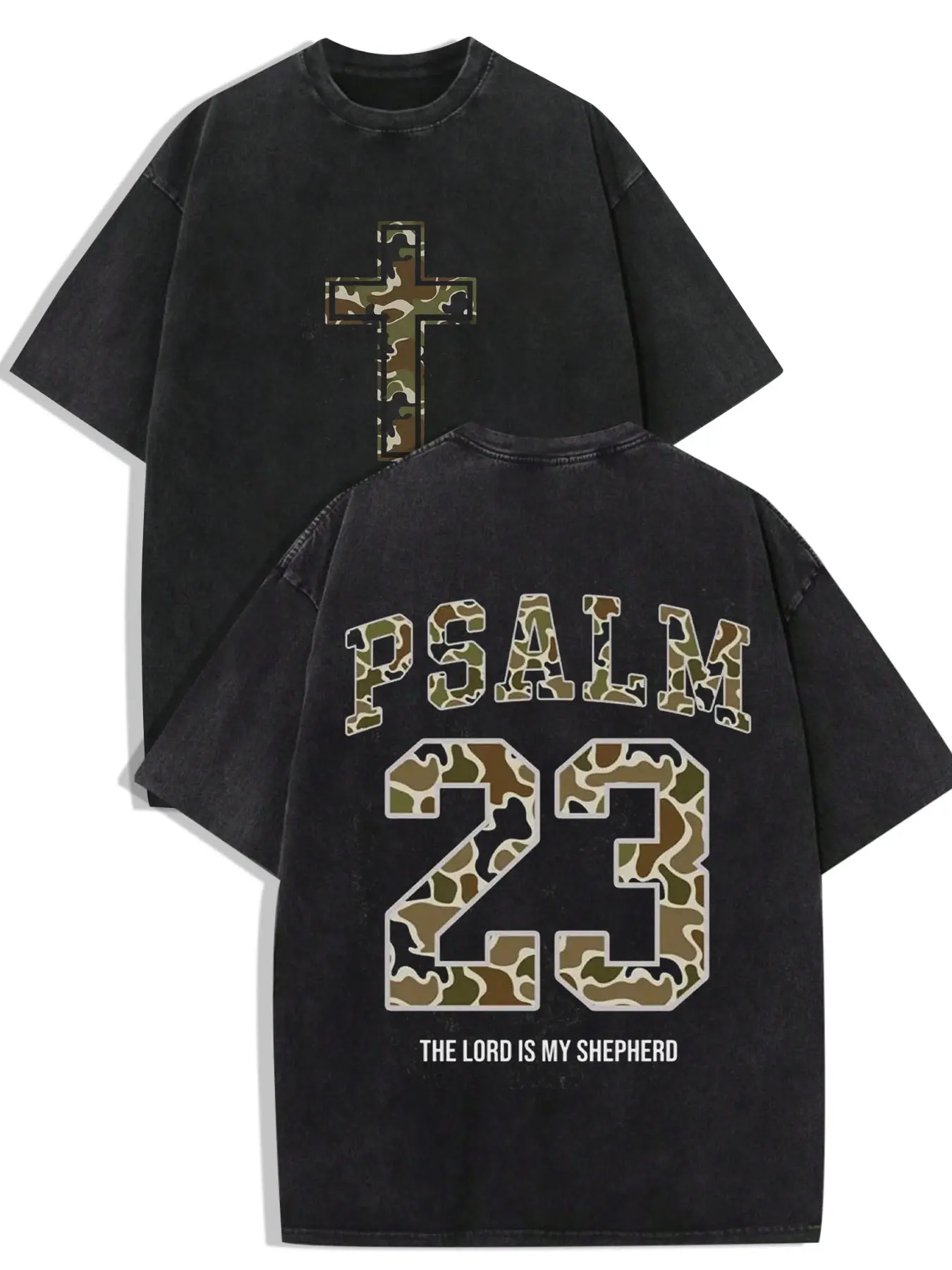 1 PCS Black Washed Oversized 100% Cotton T-Shirt, Front Camo Cross Back Psalm 23 The Lord Is My Shepherd Double Sided Vintage Graphic Print, Camo Christian Streetwear Tee, Soft Breathable Unisex Top For Faith Believers Casual Outfit