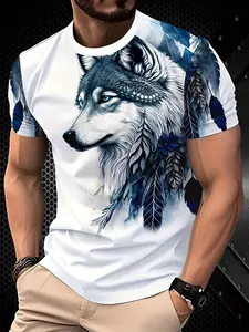 Men's Wolf Head Print Short Sleeve T-Shirt, Summer Trendy Graphic Top, Fashion Versatile Casual Men's Clothing, Fitted Style
