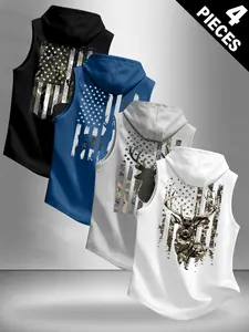 Men's Casual Sporty Hooded Vest, Vintage American Flag Deer Print, 4-Piece Set, Multi-Color Options, Essential Fitness Gear