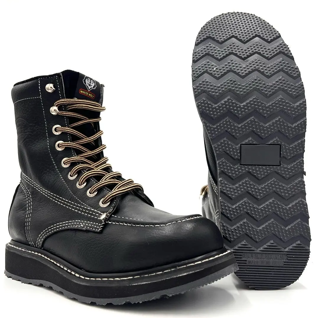 White Wolf Composite Toe Black Moc Toe Work Boot Lace Up 8 Inch Dual Density Sole Slip Resistant Antifatigue Mid-Calf Footwear Leather Walking Shoes WW-1855 Comfort Bota