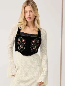 Cider Women's Floral Embroidery Velvet Square Neck Lettuce Trim Vest Jacket