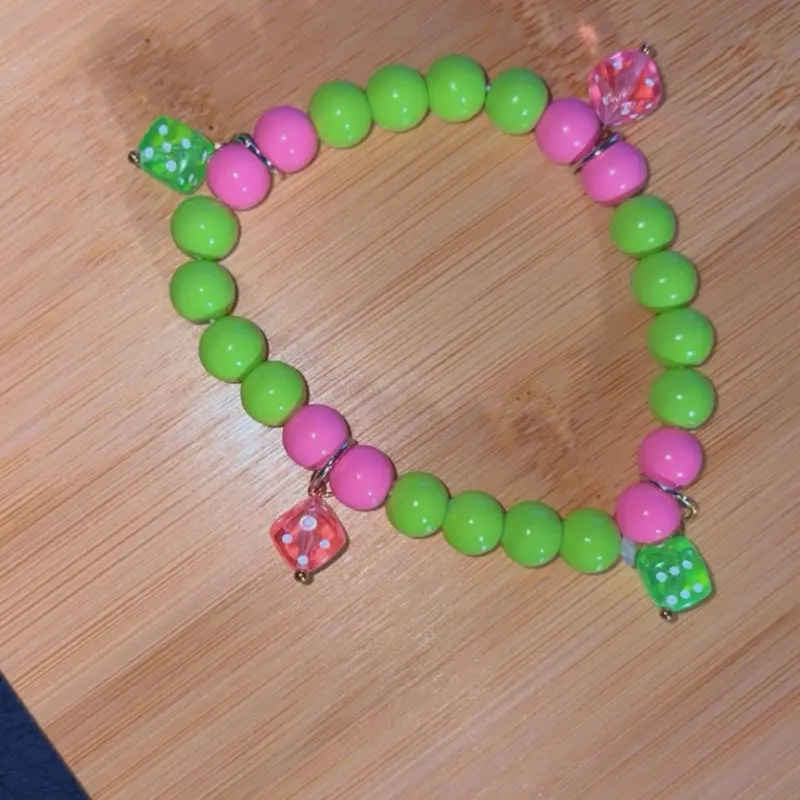 Kiwi Strawberry Dice Bracelet with Green and Pink Beads and Colorful Dice Charms