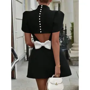 Women’s plain bow-decorated dress—an elegant, fashionable, casual, minimalist short-sleeve mini dress for daily outdoor wear; women’s summer dresses