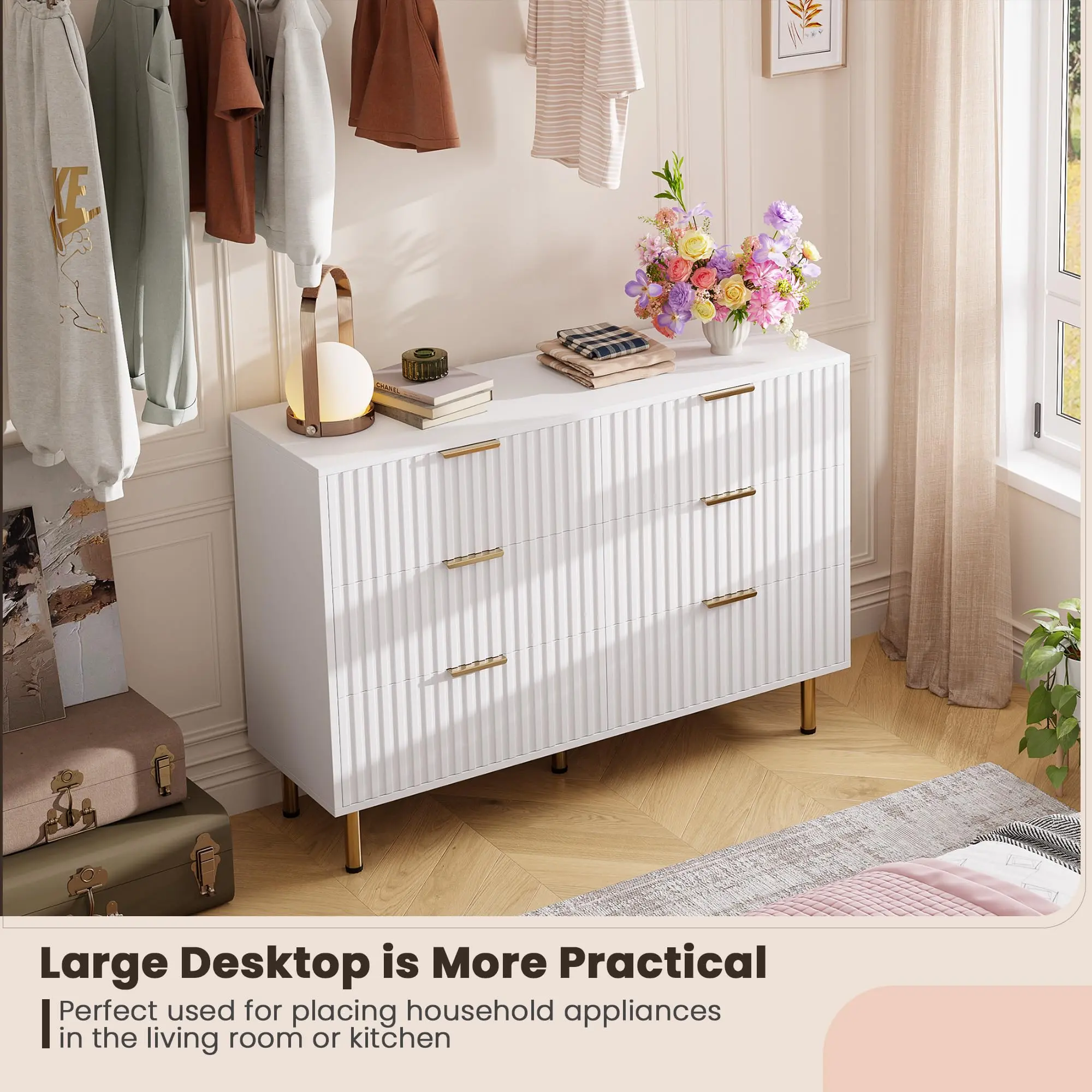 Modern Fluted 6 Drawer Dresser - 54" Wide Wooden Chest with Deep Storage - Large Double Dresser & TV Stand for Bedroom, Living Room, Hallway, Kids Room Apartment Furniture Space-Saving