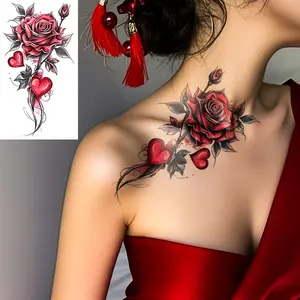 1pc Red Romantic, Sexy Rose And Heart Temporary Tattoo Sticker, Body Fake Tattoos Suitable For Women, Can Be Used On Arms, Neck, Chest, Legs, Back, Waterproof Body Art Fake Tattoo, Suitable For Holidays, Parties, Gifts, Vacations, Music Festivals