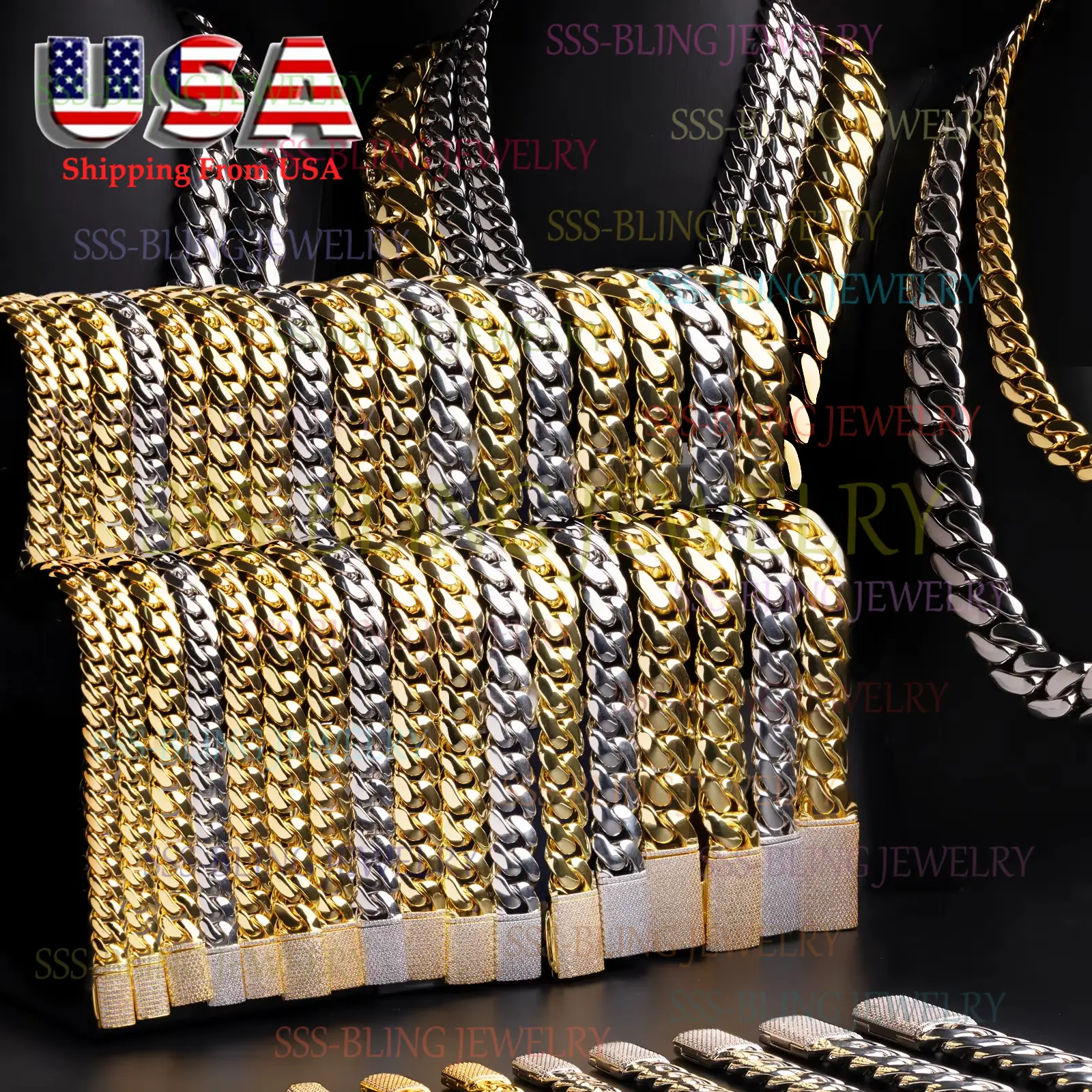 Men's 5A Diamond Bling Gold Chain Necklaces - 12/14/18/20/22MM Gold Plated/Silver Polished Solid Stainless Steel Miami Cuban Chain, Diamond-Decorated Necklaces, Shiny Chain Necklaces