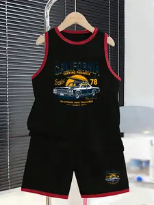California Surf Retro Car Print Boys' Tank Top Set, Summer, Street Style, Casual Wear, American Vintage, Trendy and Versatile