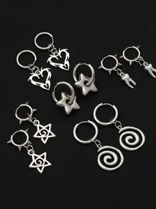 Gothic Punk Hip Hop Earrings Set, Punk Style Earrings, Heart Star Tooth Swirl Hoop Earrings, Daily Wear Unique Jewelry for Women, Valentine's Day Gift