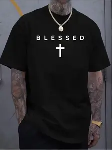 Men's Religious Blessed Cross Graphic Short Sleeve T-Shirt, Christian Faith Inspired Street Style Cotton Tee, Casual Wear