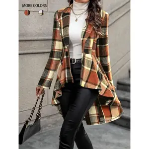 Women's checkered printed button high-low collar jacket, autumn and winter casual long sleeved lapel off shoulder jacket, women's daily clothing
