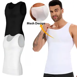 3 Pack Menswear Sleeveless Mesh Body Shaper Compression Shirt Tank Top  Abdominal Control Shaping Vest High Elastic Cool Fabric Fitness Breathable Clothes Round Neck X Type 4-Way Stretch Shapewear Smooth Athletic Gamis Nylon Stylish Black Day