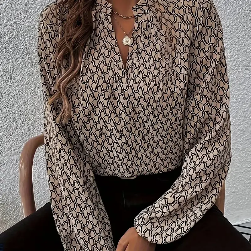 French Style Full Print Split Neck Bishop Sleeve Long Sleeves Lightweight Top Blouse Shirts, Chic Tops, Elegant Chic Oversized Loose-Fitting Pullover for All Seasons, Spring Summer Fashion Elegance Womenswear