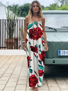 New Women's Backless Loose Fit Casual Home Dress, Sleeveless Spaghetti Strap Floral Print Camisole, Long Fashionable Loungewear, All Seasons Wear