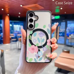 Pastel Floral Print Cheerful Garden Bouquet Springtime Meadow. Black Border Magnetic Phone Case, Anti-Yellowing, Slim Lightweight & Bare Feel, Luxury Premium Design for Samsung Galaxy S22 S23Fe S24 S25 Plus Ultra