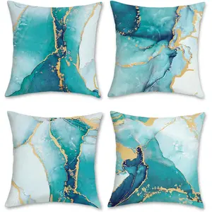 Turquoi Marble Throw Pillow Covers 18x18 Inch t of 4 Two-Sided Teal Gold Abstract Art Modern Decorative Pillows Ca Soft Velvet Outdoor Cushion Covers for Couch Sofa Bed Home Decor