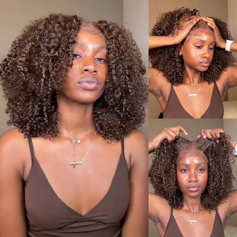 FORGIRL FOREVER Wear And Go Glueless Wig 7x5 Pre Cut Bleached Knots Afro Kinky Curly Wig Lace Front Human Hair Wigs #4 Chocolate Brown Kinky Curly Glueless Wig