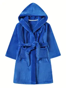Kids Hooded Bathrobe - Solid Royal Blue Fleece Toddler Girls Boys Robe, Ultra Soft Plush Flannel Warm Sleepwear Loungewear with Pockets and Waist Belt, Perfect for Bath Shower Pool Beach Spa, Cozy Nightwear Pajamas Sweet Holiday Gift