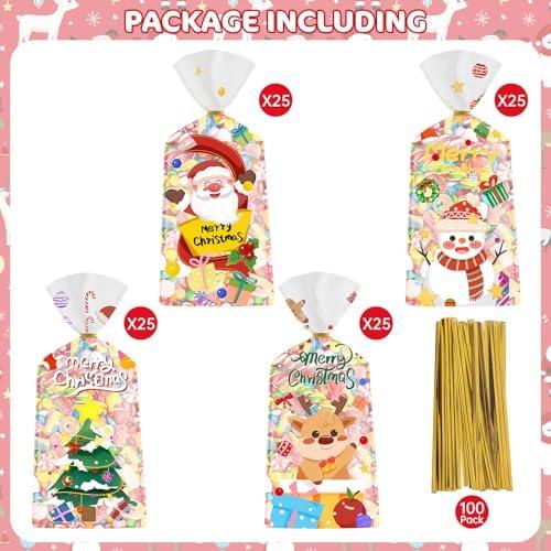 100 Pcs Christmas Treat Bags - Cute Merry Christmas Cellophane Bags, Plastic Christmass Gift Bags Bulk, Clear Winter Xmas Candy Cello Goodie Bag with Twist Ties for Xmas Party Favors Supplies