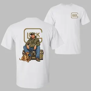 The 47th President Trump Holding a Glock Sitting Next to a Hunting Dog Shirt, Camo Hunting Season Crewneck Unisex Cotton T-shirt
