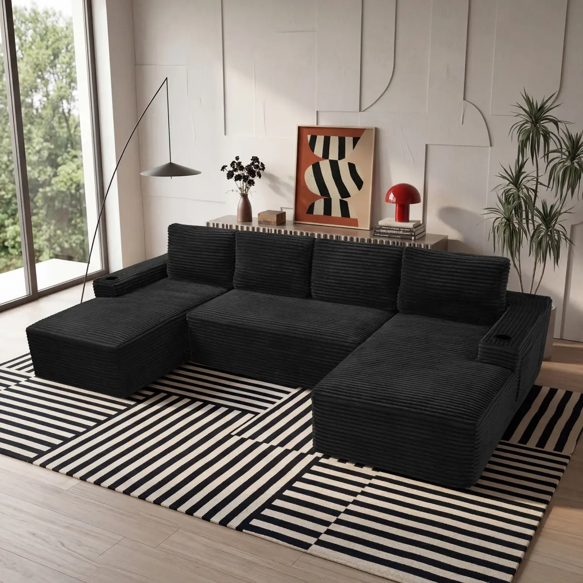 【Deals for You Days】Living Room Furniture, Corduroy U-Shaped Couch, Boneless Sectional Couch, 6-Seater No Assembly Compressed Cloud Couch with Cup Holders, Modular Deep Seat No Assembly Couch for Living Room
