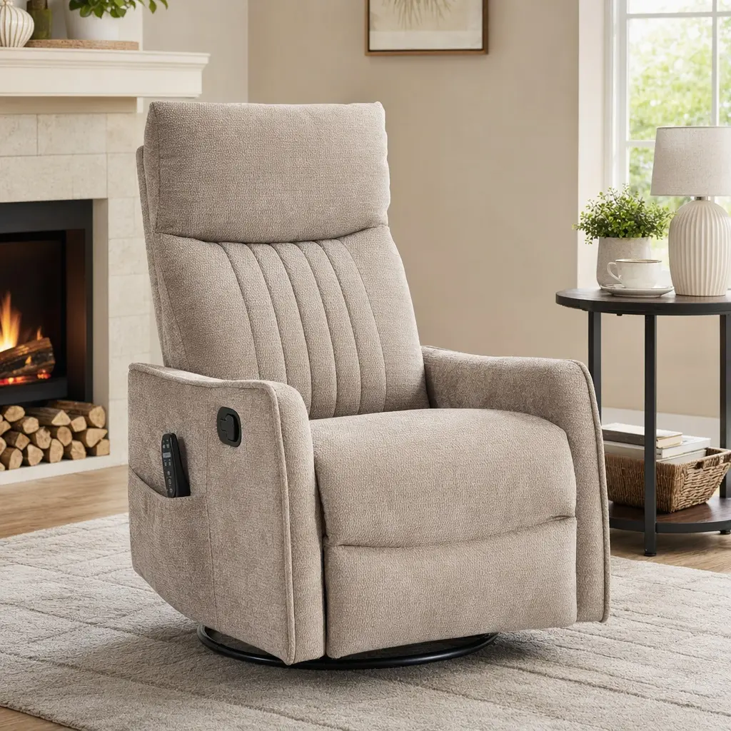 Khaki Chenille Manual Recliner Chair with Massage and Heat, 360° Swivel Rocking Recliner for Living Room, Heavy Duty Fabric Upholstered Reclining Chair with Lumbar Support, Easy Assembly, khaki Color Options, Chenille Material