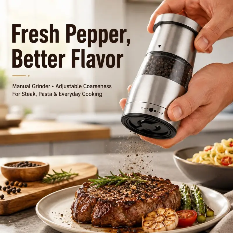 Stainless Steel Manual Pepper Grinder - Adjustable Coarseness/Finer Seasoning Mill, Modern Kitchen Utensil for Home Everyday Cooking