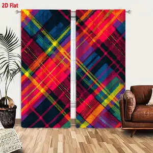2D Flat  Multicolor Tartan Plaid Blackout Curtains 2-Pack, Vibrant Pink Yellow Red Teal Purple Diagonal Grid High Contrast Geometric Pattern Living Room Bedroom Window Drapes with Thermal Insulation and Light Filtering