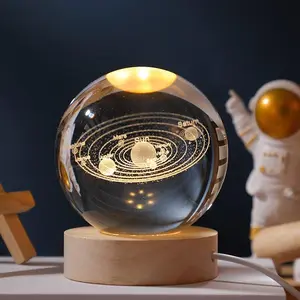 3D Solar System galaxy Saturn Crystal Ball 60mm Good Universe Gifts Ideas Glass Ball with Wooden Lighting Base
