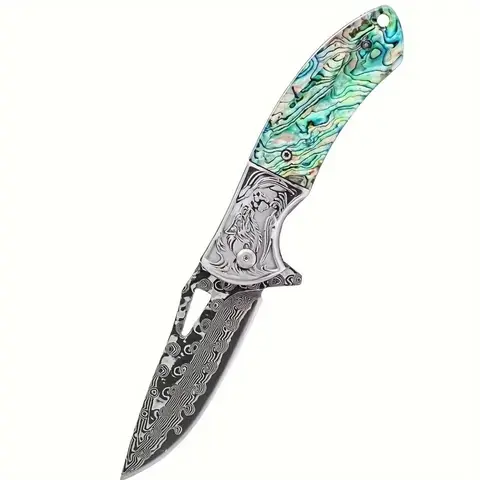 Men's 1pc High-Quality Damascus Steel Pocket Knife - High-Hardness Sharp Blade, Multi-Functional Folding Survival Supplies, Outdoor Survival Gear, Camping Portable Cool Knives, Mens Gifts Cool Gifts for Adults