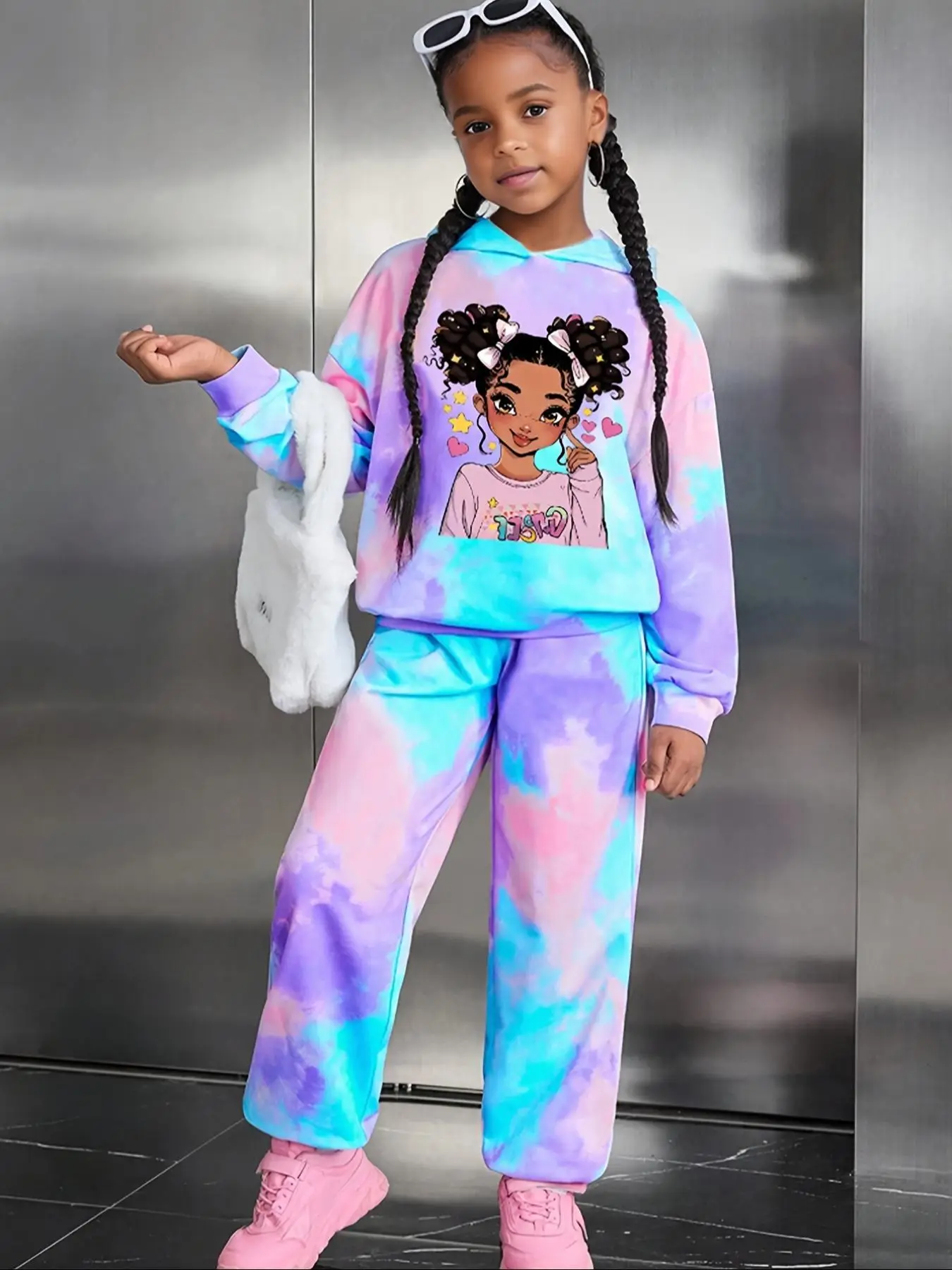 Girl's Cartoon Print Hooded Sweatshirt & Pants Set, Casual Long Sleeve Hooded Pullover & Trousers for Spring & Fall, Kids Clothes for Daily Wear