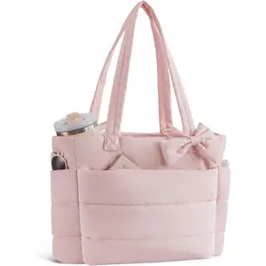 Puffer Tote Bag for Women, Quilted Bow Tote Bag with Cup Holder & 15.6 In Laptop Compartment for Work, Travel, Gym, College
