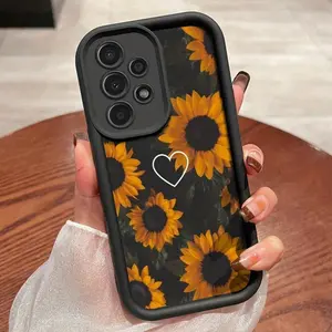 Black with Sunflower and White Heart Patterns Phone Case for Samsung Galaxy S24 Plus S25 S23 S22 Ultra S24+ Shockproof Non Slip Military-Grade Protection Silicone Cover