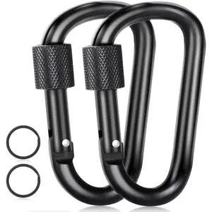 Carabiner Clip, 3" Locking Carabiners, D Ring Shape Caribeaner with Key Rings, Aluminum Carabiner for Keychain Clip, Black, 2 Pack