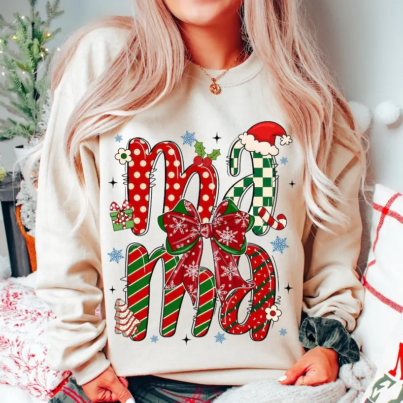 Christmas Mama Coquette Sweatshirt, Mama Claus Shirt, Merry Mama Shirt, Mom Christmas Tee, Matching Family Xmas Shirt, Gift For Mom
