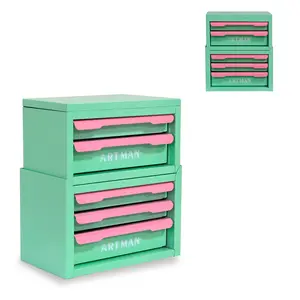 Drawer-style desktop storage box, office workstation organizing magic tool, desk stationery storage rack, cosmetic storage cabinet--{Green-pink color, 2+3 layers}