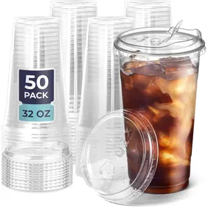 50 Pack 32 oz Clear Plastic Cups with Strawless Sip Lids, Disposable Plastic Coffee Cups with Lids, To Go Cups for Iced Coffee, Smoothies, Soda, Party Drinks, Bubble , Cold Beverage