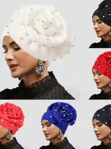 Female Polyester African Wedding Caps, Casual Muslim Hijab Flower Hats, Women's Head Wrap Turban Beanies