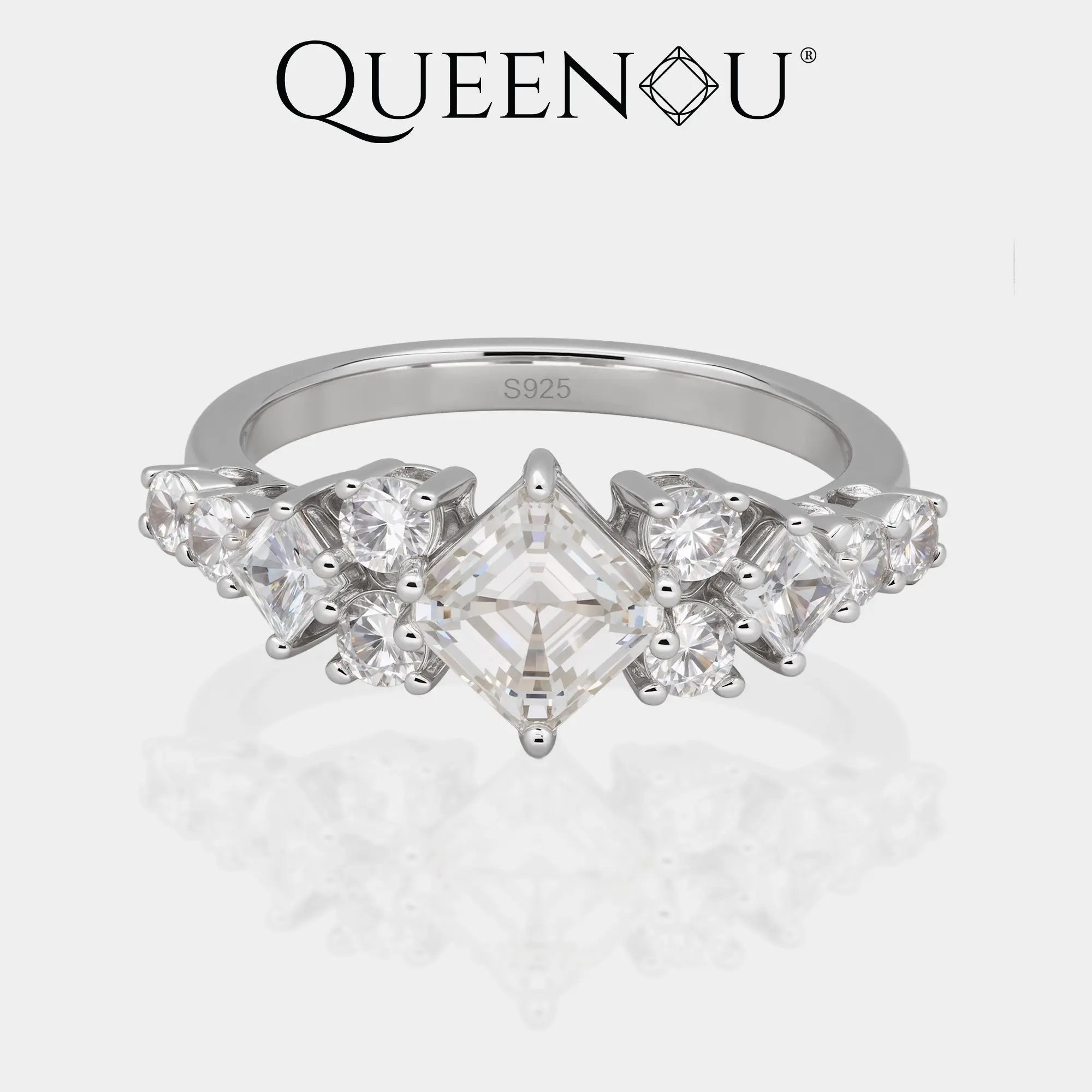【977】Elaborate 1CT Square Synthetic Moissanite Ring | Asgar Cut with Sparkling Graduated Zirconia Sides | Geometric Ring