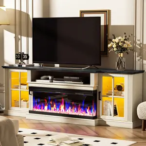 【2 Packages Shipping】Spurgehom 3-Sided Fireplace TV Stand, 70" Farmhouse Highboy Entertainment Center with 34" Electric Fireplace & LED Lights - Media Console Table for Living Room, Fits TVs Up to 80 Inches summervibes Tv Frame