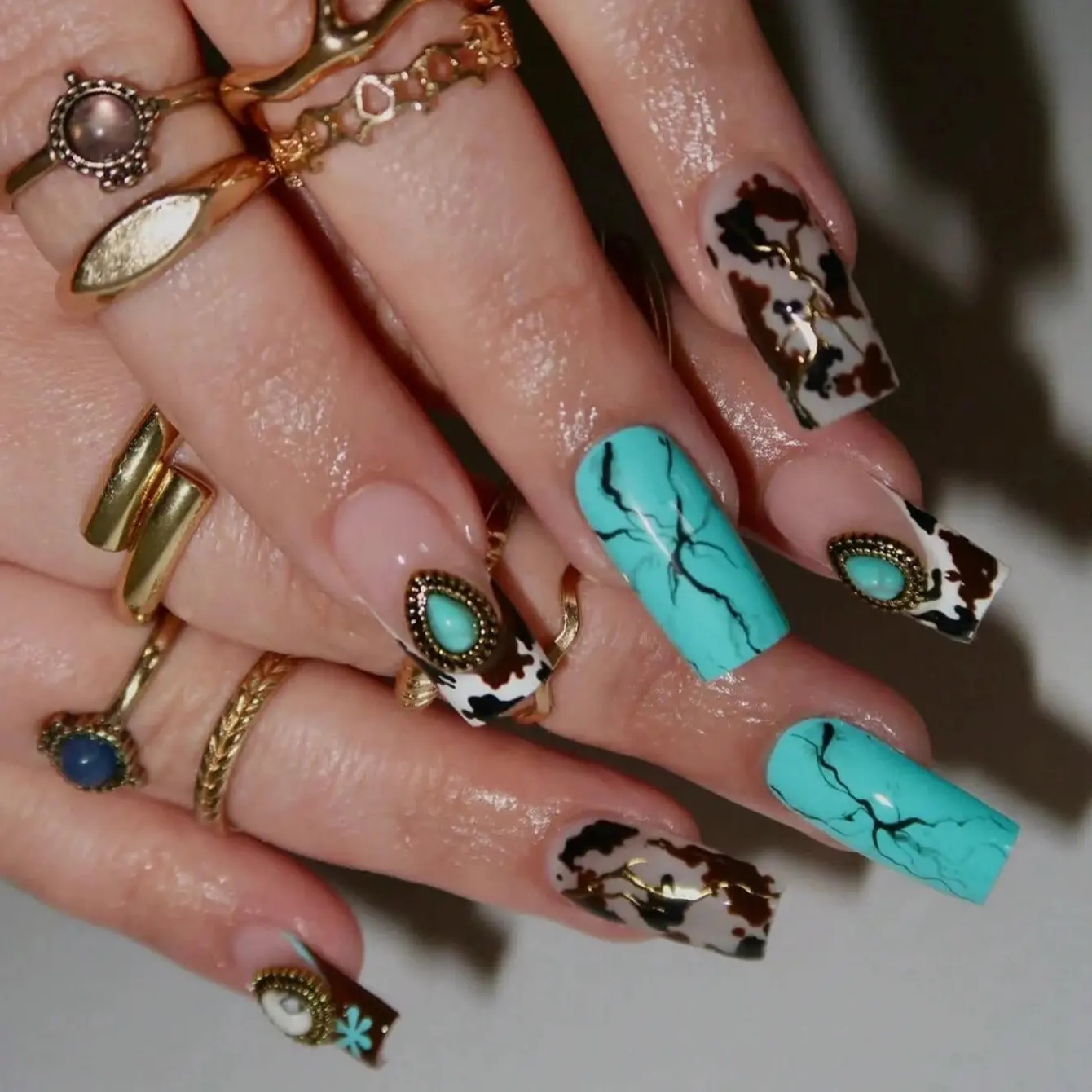 Short Square Press On Nails 24pcs Western Cowboy Turquoise Mix Design Cute Trendy Nail Kit for Daily Wear & Festivals