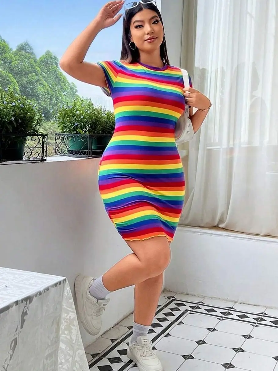 Plus Size Rainbow Striped Summer Dress, Casual Loose Short Sleeve Daily Dress
